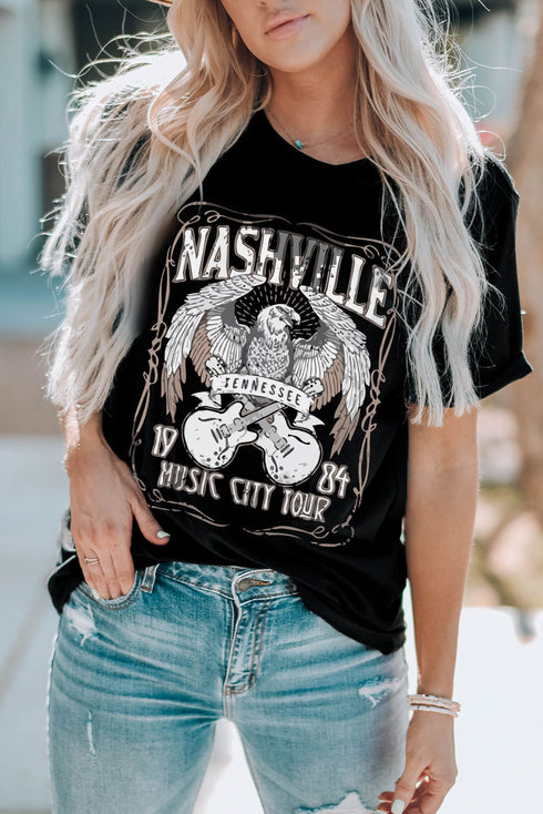 Black Nashville Eagle Guitar Graphic Print Short Sleeve T Shirt